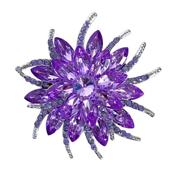 Purple Rhinestones Flower Large Crystal Floral Brooch Silver Tone 2.5in - Picture 2 of 11